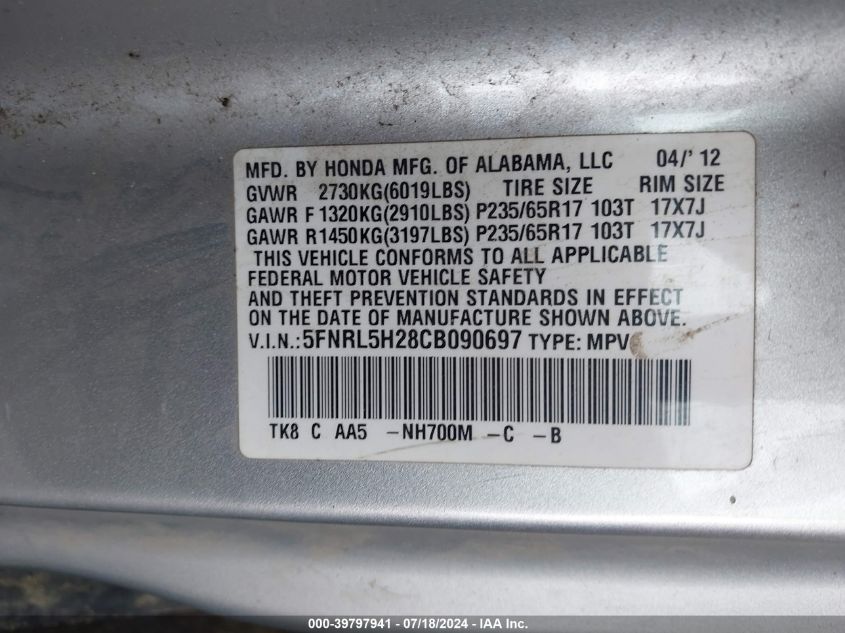 2012 Honda Odyssey Lx VIN: 5FNRL5H28CB090697 Lot: 39797941