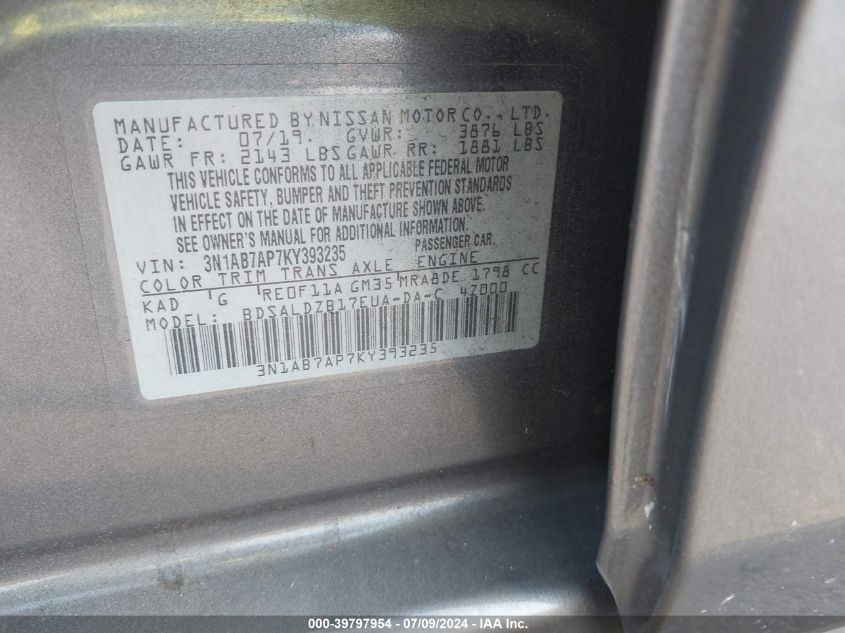 2019 Nissan Sentra Sv VIN: 3N1AB7AP7KY393235 Lot: 39797954