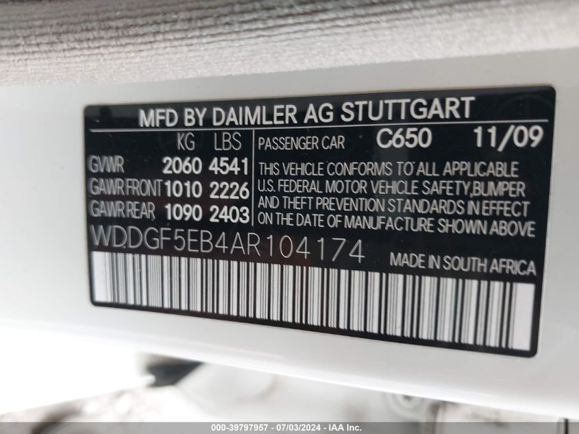 2010 Mercedes-Benz C 300 Luxury/Sport VIN: WDDGF5EB4AR104174 Lot: 39797957