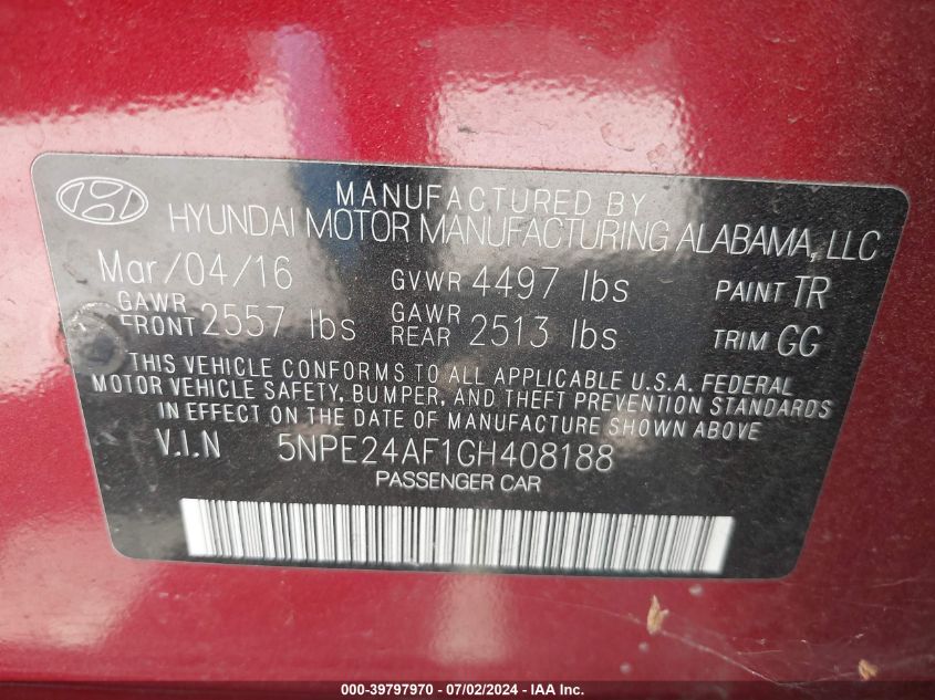 2016 Hyundai Sonata VIN: 5NPE24AF1GH408188 Lot: 39797970