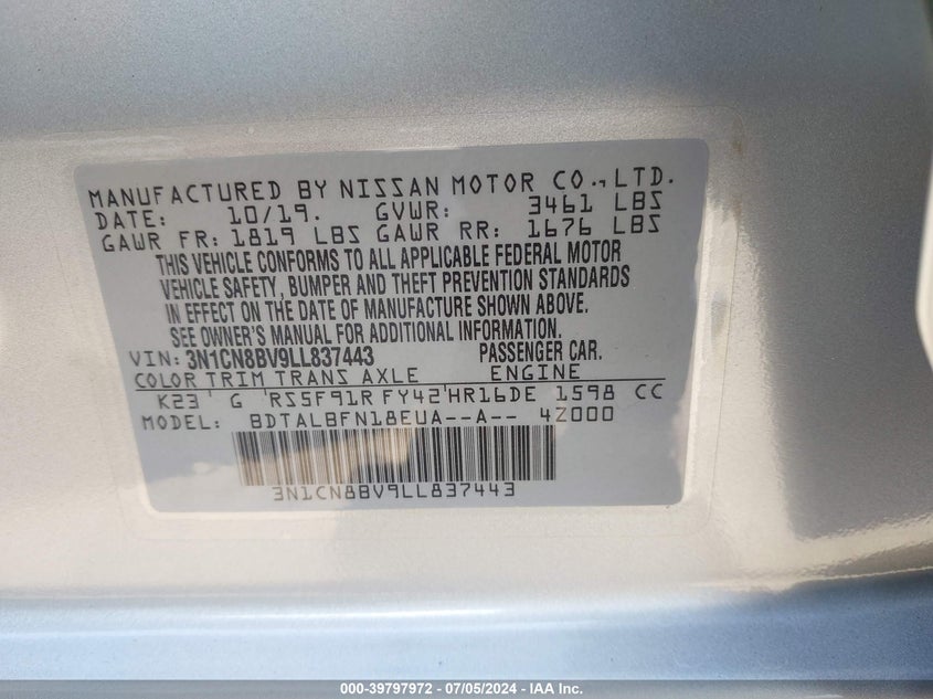 2020 Nissan Versa S 5-Speed Manual Transmission VIN: 3N1CN8BV9LL837443 Lot: 39797972