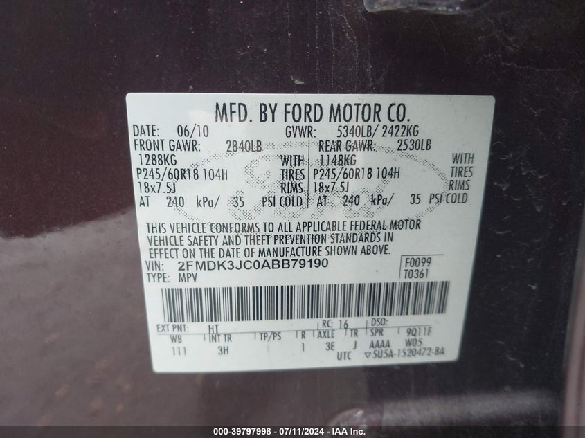 2010 Ford Edge Sel VIN: 2FMDK3JC0ABB79190 Lot: 39797998