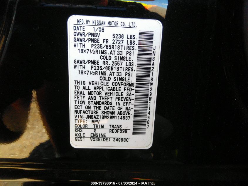 2009 Nissan Murano Sl VIN: JN8AZ18W29W114587 Lot: 39798016