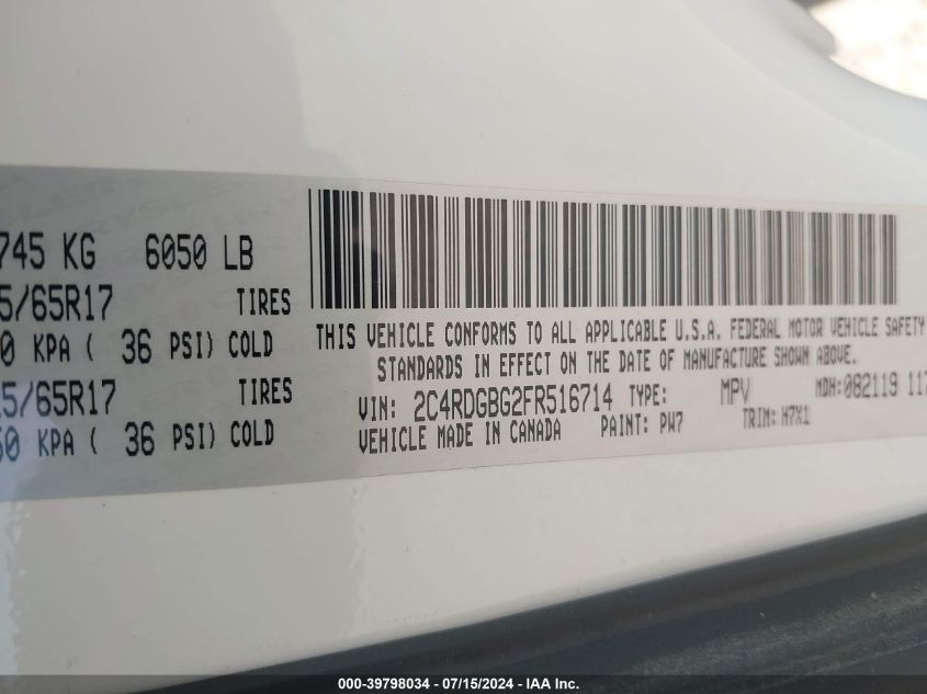 2015 Dodge Grand Caravan Se VIN: 2C4RDGBG2FR516714 Lot: 39798034