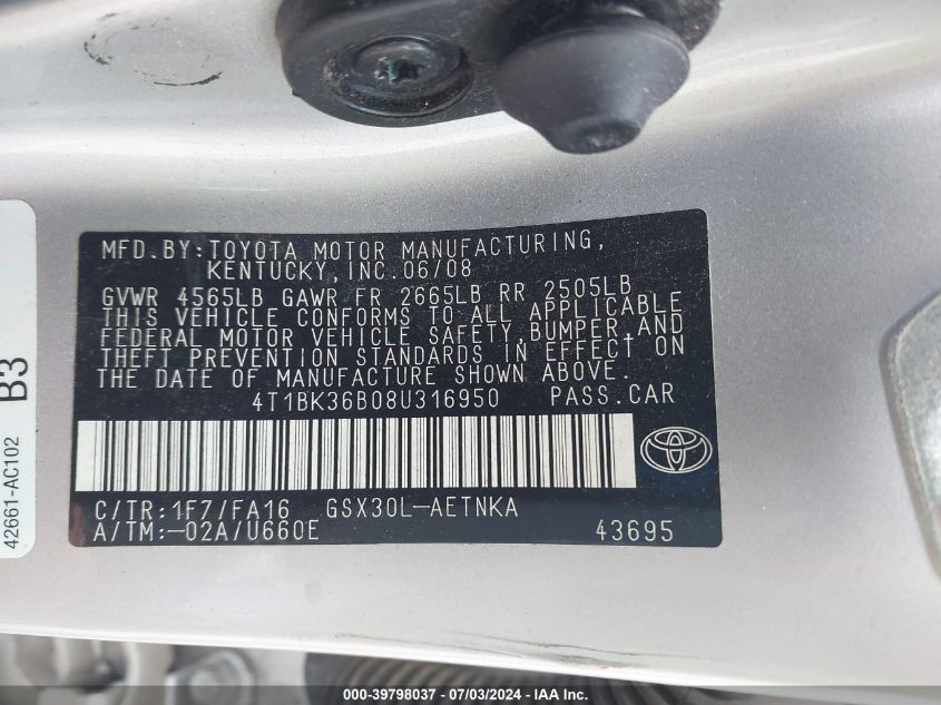 2008 Toyota Avalon Xl VIN: 4T1BK36B08U316950 Lot: 39798037