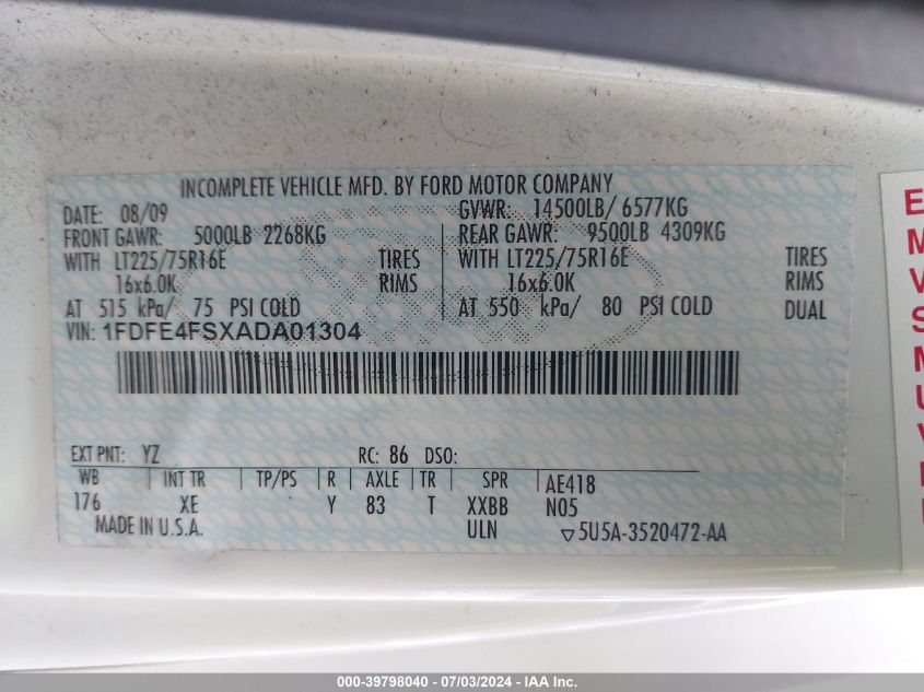 2010 Ford Econoline E450 Super Duty Cutwy Van VIN: 1FDFE4FSXADA01304 Lot: 39798040