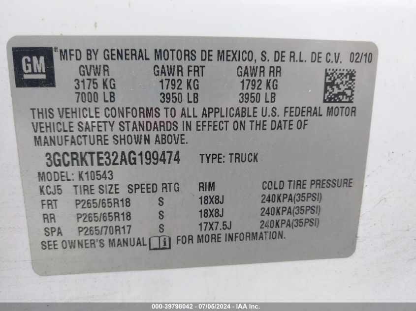 2010 Chevrolet Silverado 1500 Ltz VIN: 3GCRKTE32AG199474 Lot: 39798042