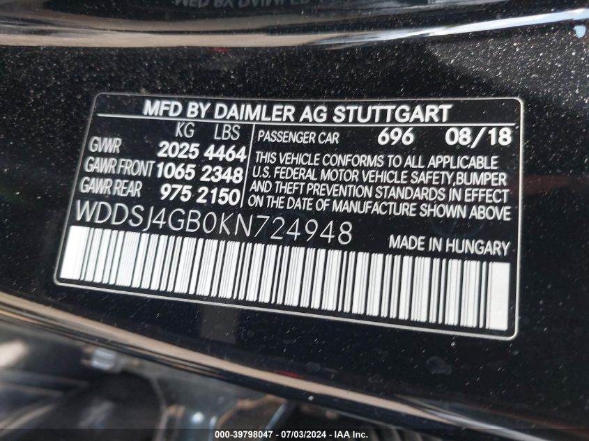 2019 Mercedes-Benz Cla 250 4Matic VIN: WDDSJ4GB4KN728226 Lot: 40629400