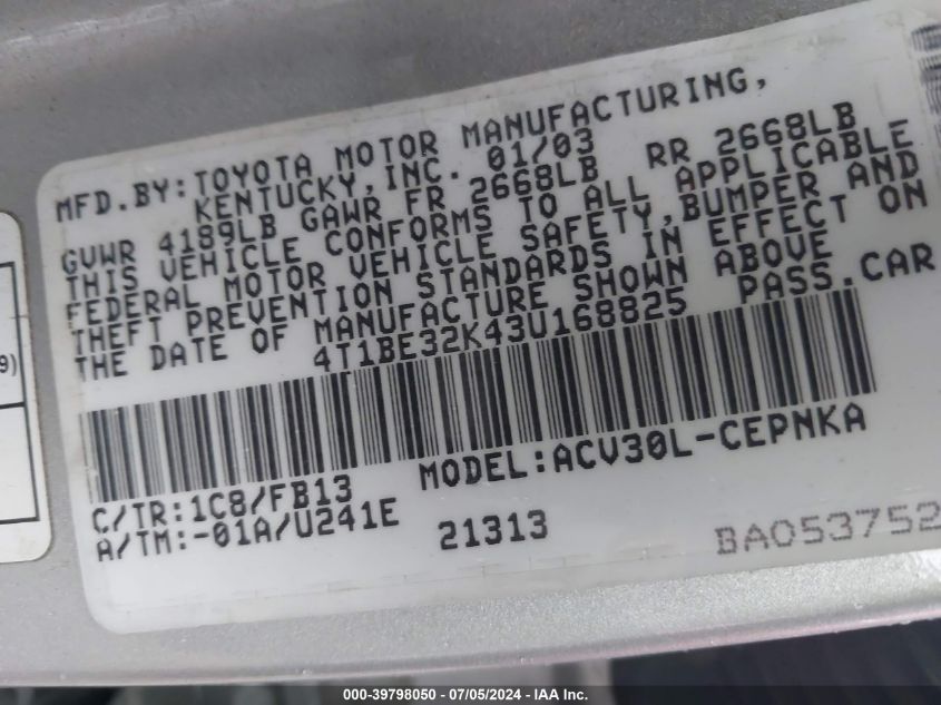 2003 Toyota Camry Le VIN: 4T1BE32K43U168825 Lot: 39798050