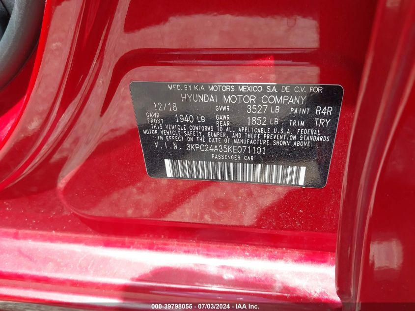 2019 Hyundai Accent Se/Sel VIN: 3KPC24A35KE071101 Lot: 39798055