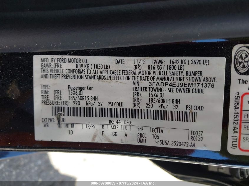 2014 Ford Fiesta Se VIN: 3FADP4EJ9EM171376 Lot: 39798059