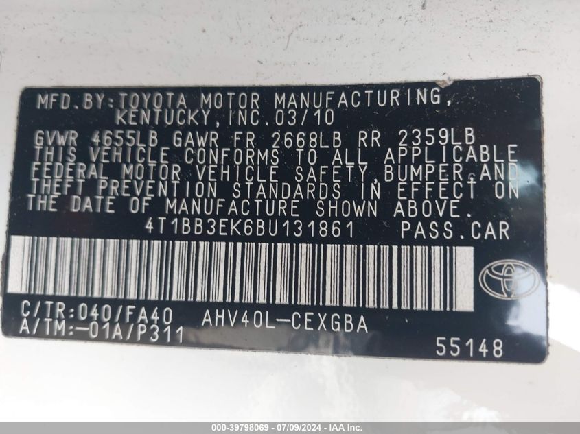 4T1BB3EK6BU131861 2011 Toyota Camry Hybrid