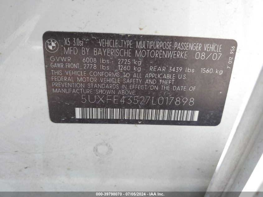 2007 BMW X5 3.0Si VIN: 5UXFE43527L017898 Lot: 39798070