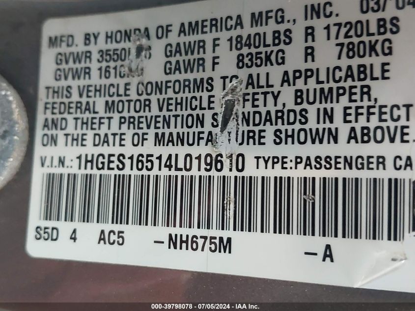 2004 Honda Civic Lx VIN: 1HGES16514L019610 Lot: 39798078
