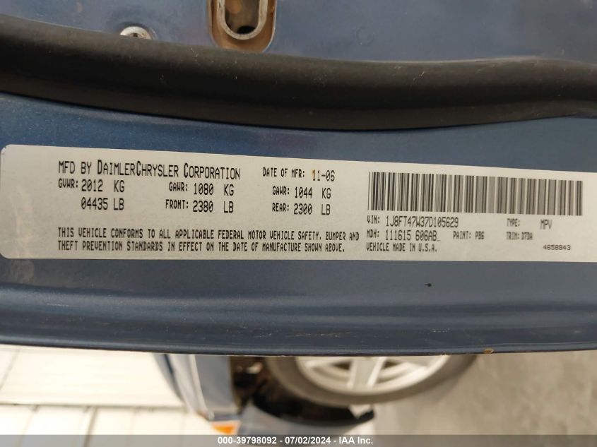 2007 Jeep Compass Sport VIN: 1J8FT47W37D105629 Lot: 39798092