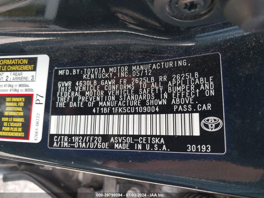 2012 Toyota Camry Se VIN: 4T1BF1FK5CU109004 Lot: 39798094