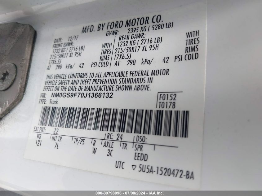 2018 Ford Transit Connect Xlt VIN: NM0GS9F70J1366132 Lot: 39798095