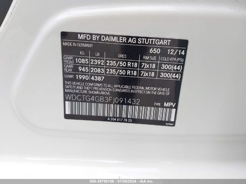 2015 Mercedes-Benz Gla 250 4Matic VIN: WDCTG4GB3FJ091432 Lot: 39798106