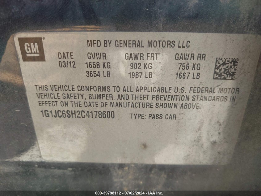 2012 Chevrolet Sonic 2Lt VIN: 1G1JC6SH2C4178600 Lot: 39798112
