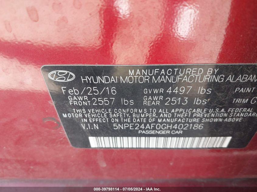 2016 HYUNDAI SONATA SE - 5NPE24AF0GH402186