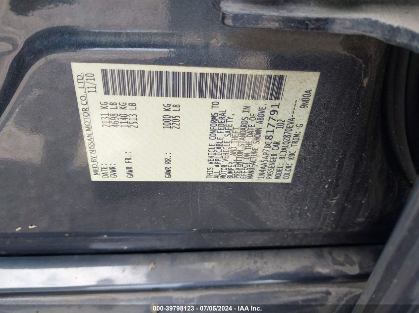 2011 Nissan Maxima 3.5 S VIN: 1N4AA5AP7BC817791 Lot: 39798123