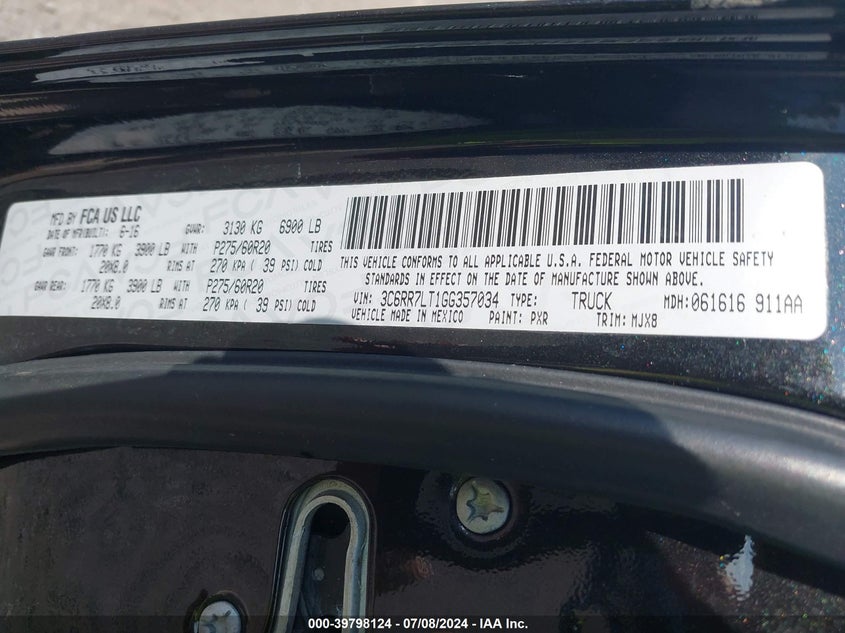 2016 Ram 1500 Big Horn VIN: 3C6RR7LT1GG357034 Lot: 39798124