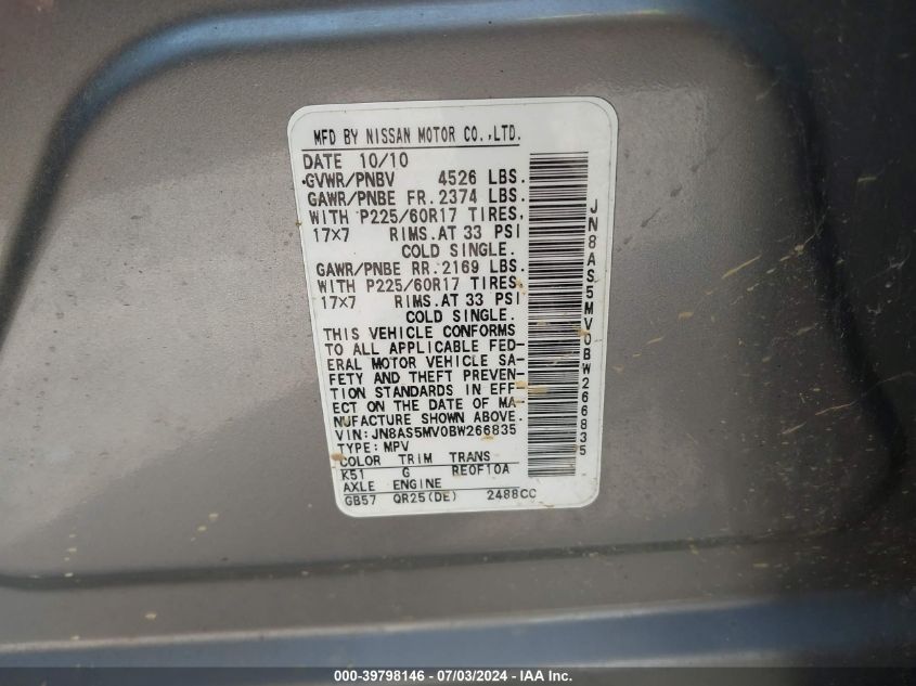 2011 Nissan Rogue Sv VIN: JN8AS5MV0BW266835 Lot: 39798146