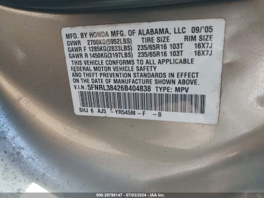 2006 Honda Odyssey Ex VIN: 5FNRL38426B404838 Lot: 39798147