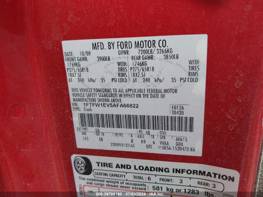 2010 Ford F-150 Fx4/Harley-Davidson/King Ranch/Lariat/Platinum/Xl/Xlt VIN: 1FTFW1EV5AFA66822 Lot: 39798160