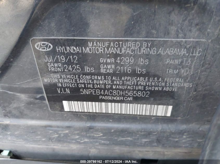 2013 Hyundai Sonata Gls VIN: 5NPEB4AC8DH565802 Lot: 39798162