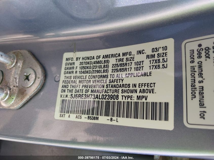 2010 Honda Cr-V Ex-L VIN: 5J6RE3H73AL023908 Lot: 39798175