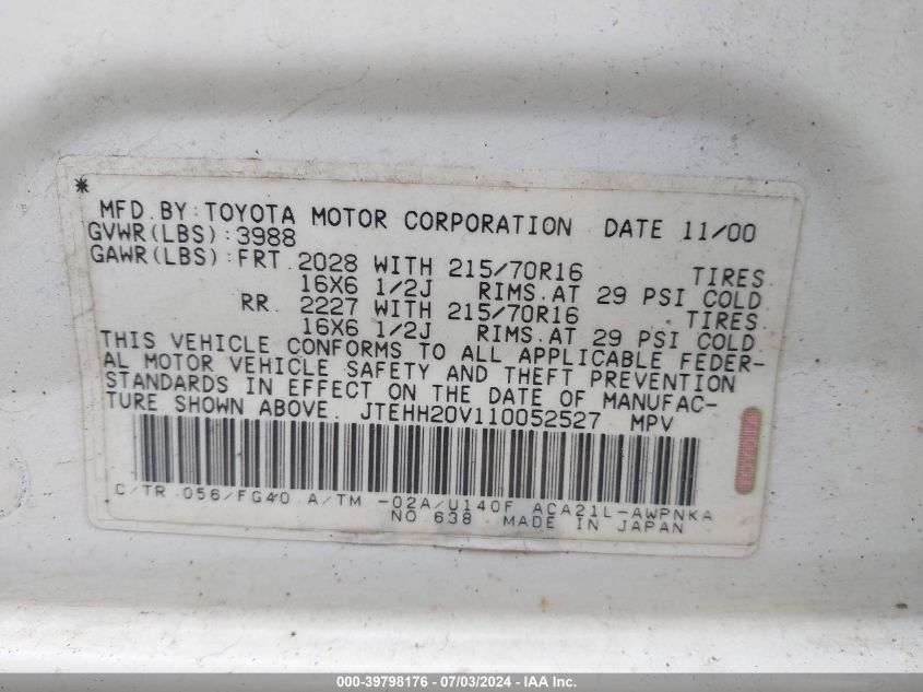 2001 Toyota Rav4 VIN: JTEHH20V110052527 Lot: 39798176