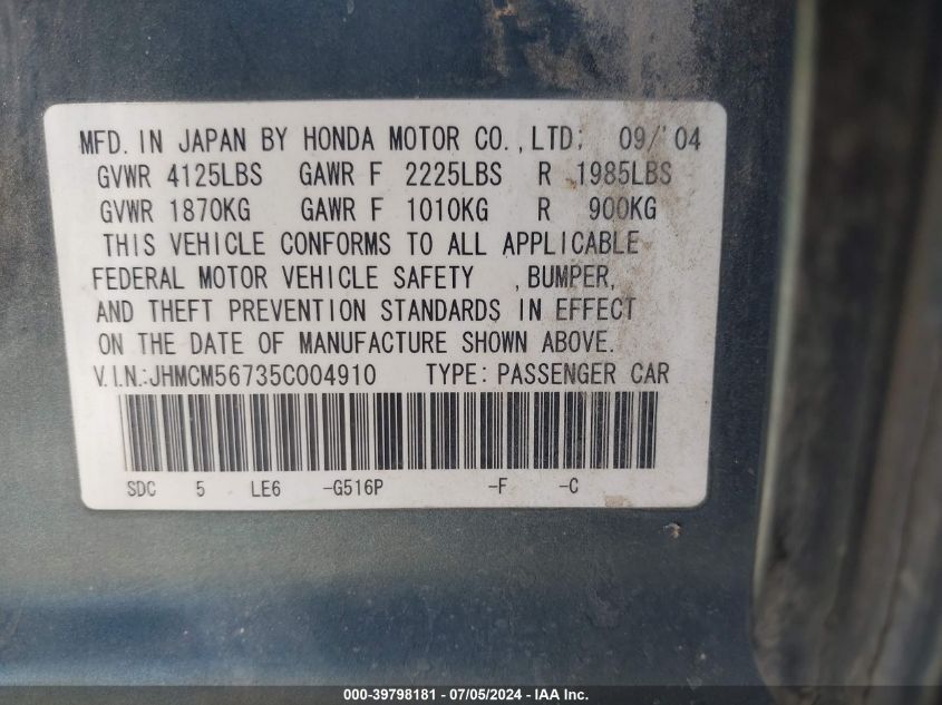 2005 Honda Accord 2.4 Ex VIN: JHMCM56735C004910 Lot: 39798181