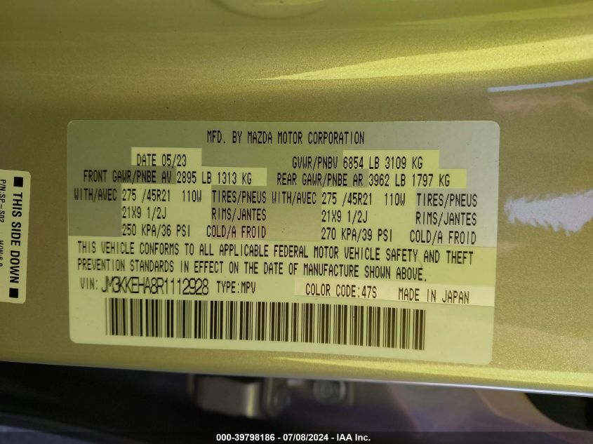 2024 Mazda Cx-90 Phev Premium Plus VIN: JM3KKEHA8R1112928 Lot: 39798186