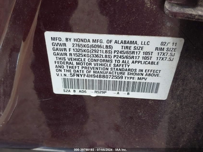 2011 Honda Pilot Touring VIN: 5FNYF4H94BB072559 Lot: 39798193