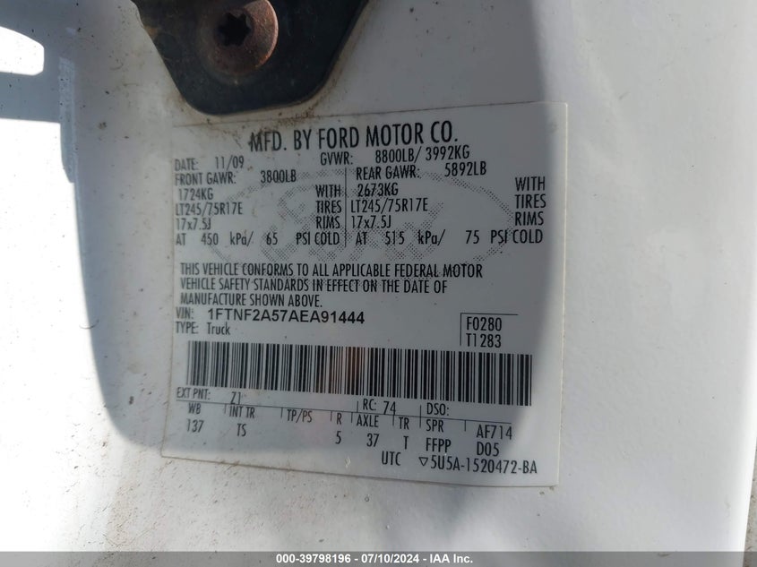 2010 Ford F-250 Xl/Xlt VIN: 1FTNF2A57AEA91444 Lot: 39798196