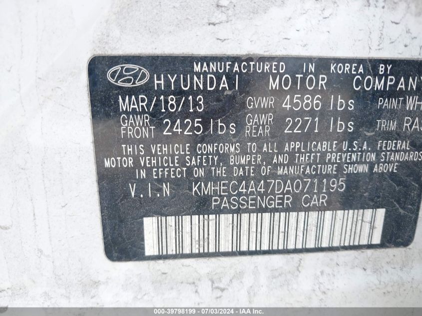 2013 Hyundai Sonata Hybrid VIN: KMHEC4A47DA071195 Lot: 39798199