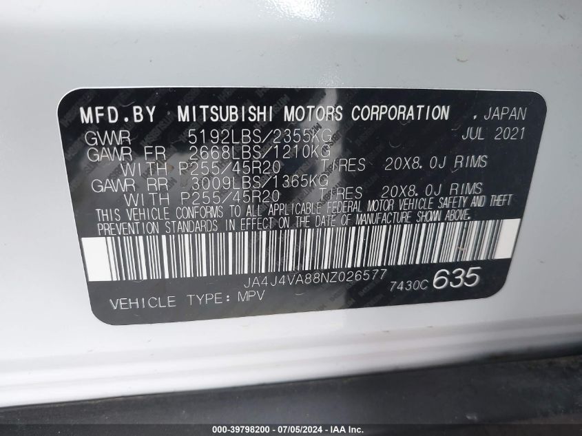 2022 Mitsubishi Outlander Sel 2.5 S-Awc/Sel Launch Edition S-Awc/Sel Special Edition S-Awc VIN: JA4J4VA88NZ026577 Lot: 39798200