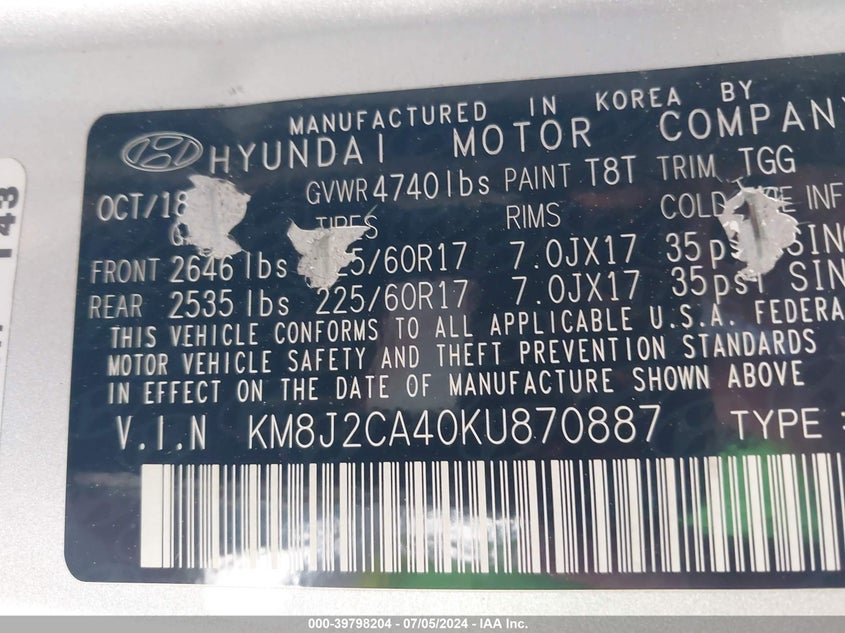 2019 HYUNDAI TUCSON SE - KM8J2CA40KU870887