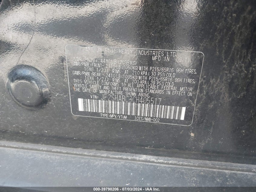 2012 Subaru Forester 2.5X VIN: JF2SHABC3CH405517 Lot: 39798206