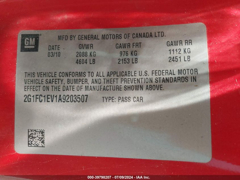 2010 Chevrolet Camaro 2Lt VIN: 2G1FC1EV1A9203507 Lot: 39798207