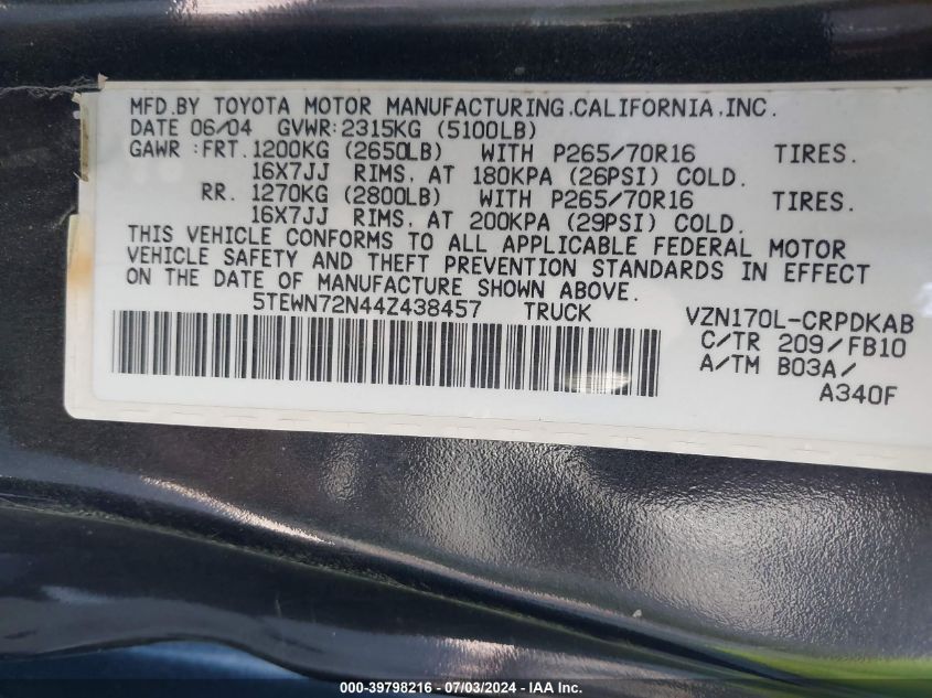 2004 Toyota Tacoma Xtracab VIN: 5TEWN72N44Z438457 Lot: 39798216