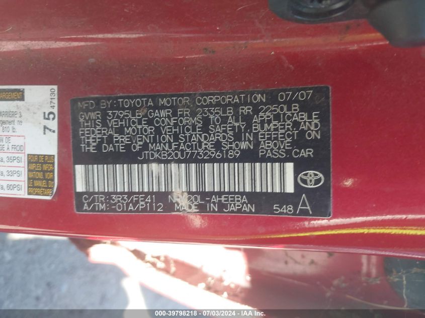 2007 Toyota Prius VIN: JTDKB20U773296189 Lot: 39798218