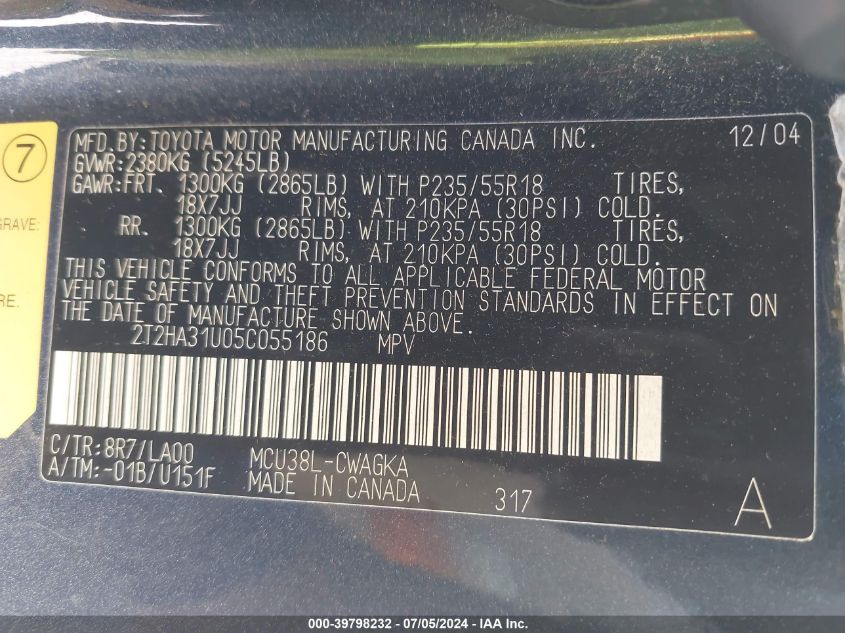 2005 Lexus Rx 330 VIN: 2T2HA31U05C055186 Lot: 39798232