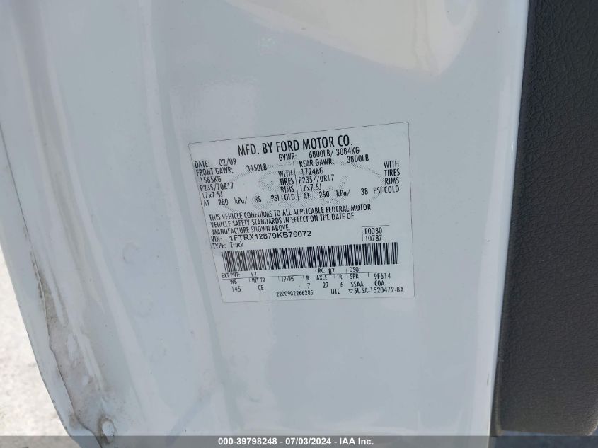 2009 Ford F-150 Stx/Xl/Xlt VIN: 1FTRX12879KB76072 Lot: 39798248