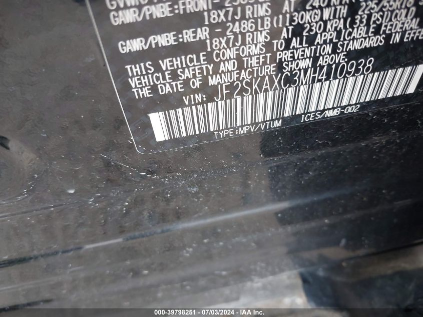 2021 Subaru Forester Touring VIN: JF2SKAXC3MH410938 Lot: 39798251