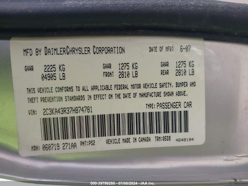 2007 Chrysler 300 VIN: 2C3KA43R37H874781 Lot: 39798255