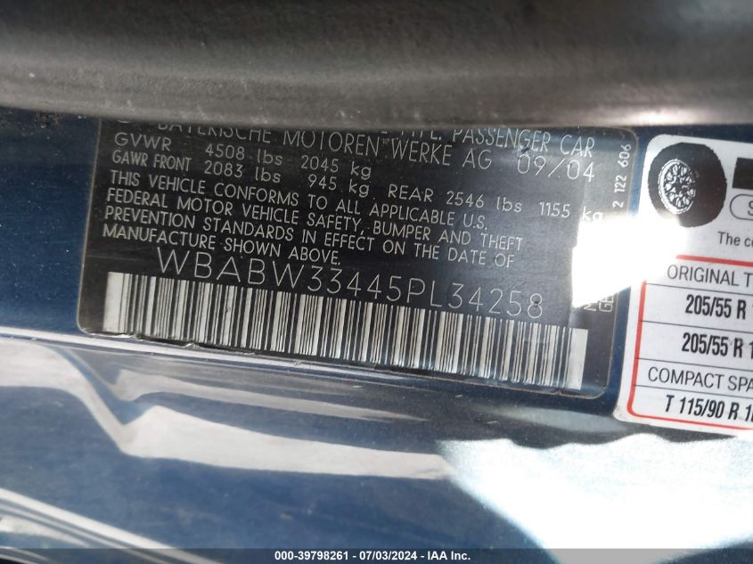 2005 BMW 325Ci Ci VIN: WBABW33445PL34258 Lot: 39798261
