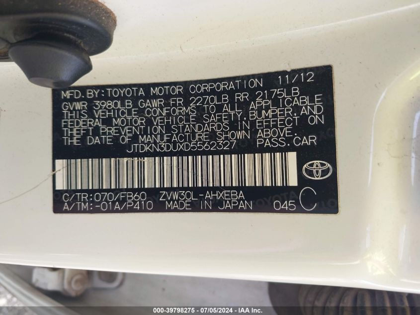 2013 Toyota Prius Three VIN: JTDKN3DUXD5562327 Lot: 39798275