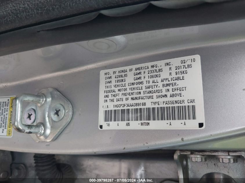2010 Honda Accord 2.4 Lx VIN: 1HGCP2F34AA089168 Lot: 39798287